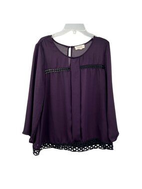 Crescent Womens Pullover Blouse 3/4 Sleeve Purple/Black Lace Trim Size PM
